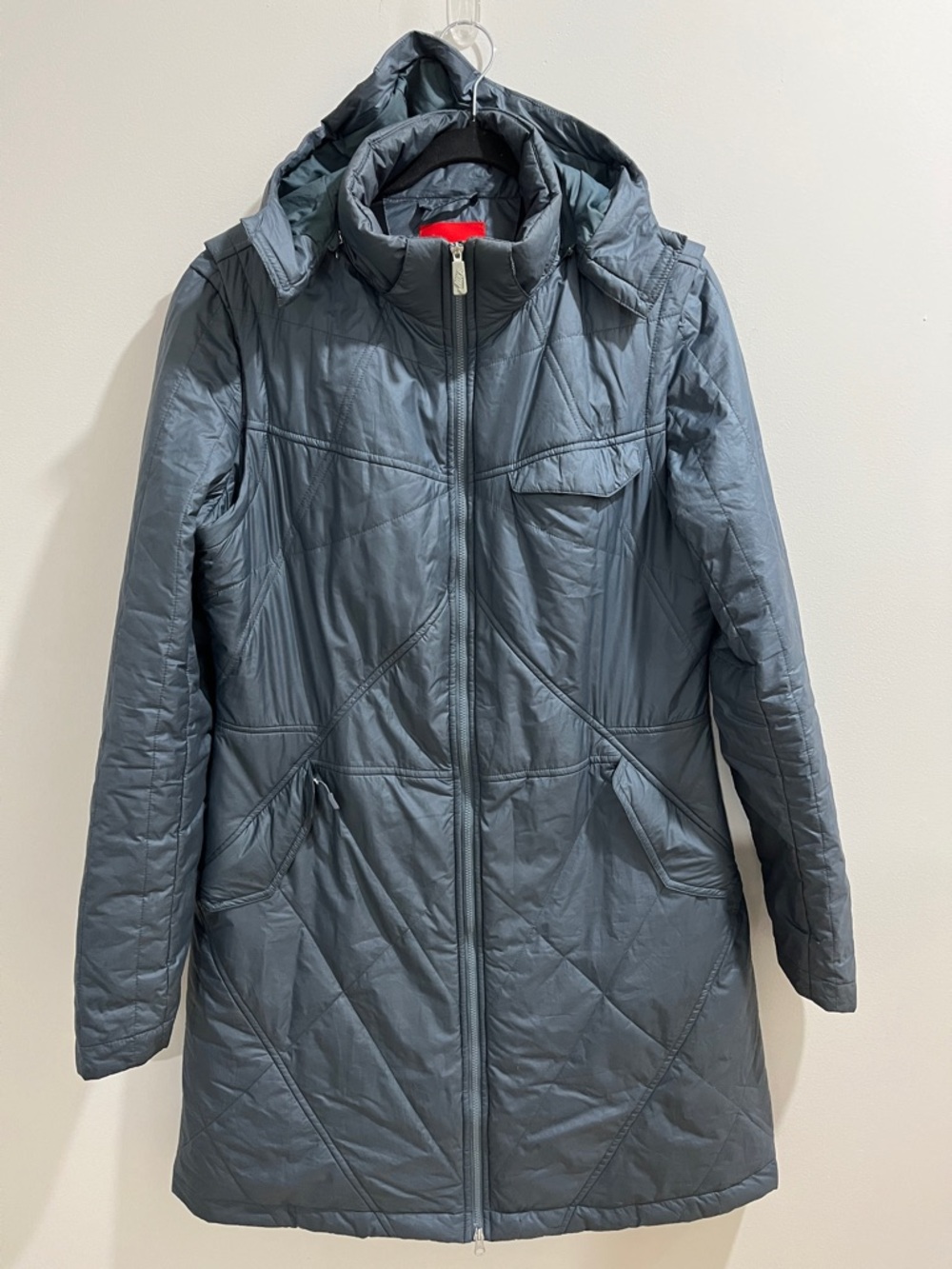 Nike Women’s Puffer Jacket Large Steel Blue Grey Mid Length Coat Lightweight